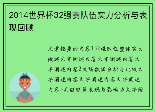 2014世界杯32强赛队伍实力分析与表现回顾