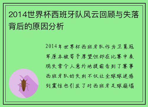 2014世界杯西班牙队风云回顾与失落背后的原因分析