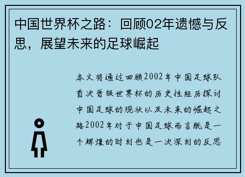 中国世界杯之路：回顾02年遗憾与反思，展望未来的足球崛起