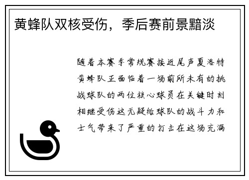 黄蜂队双核受伤，季后赛前景黯淡